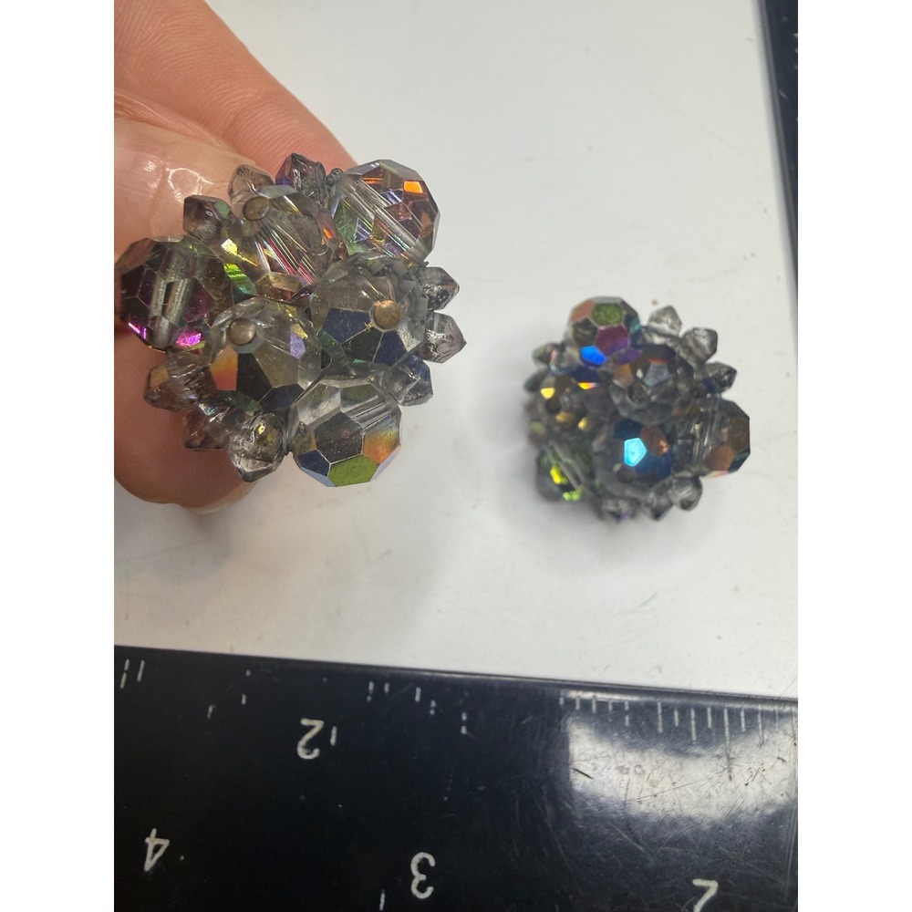 Vintage Aurora Borealis Crystal Cluster Clip On Earrings Iridescent Smoky Grey